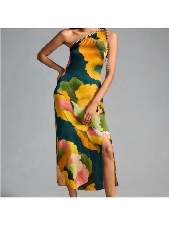FARM Rio Dresses & Skirts - One-Shoulder Floral Midi Dress in Teal and Yellow